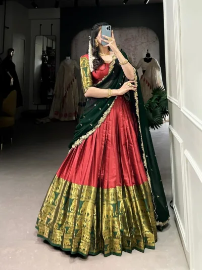 Mango Yellow with Magenta Pink Kanchipuram Silk Lehenga